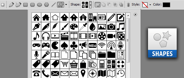 Screenshot of the Shapes panel in Adobe Photoshop listing IcoMoon's icons