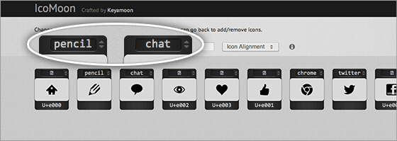 Screenshot of IcoMoon's ligature feature