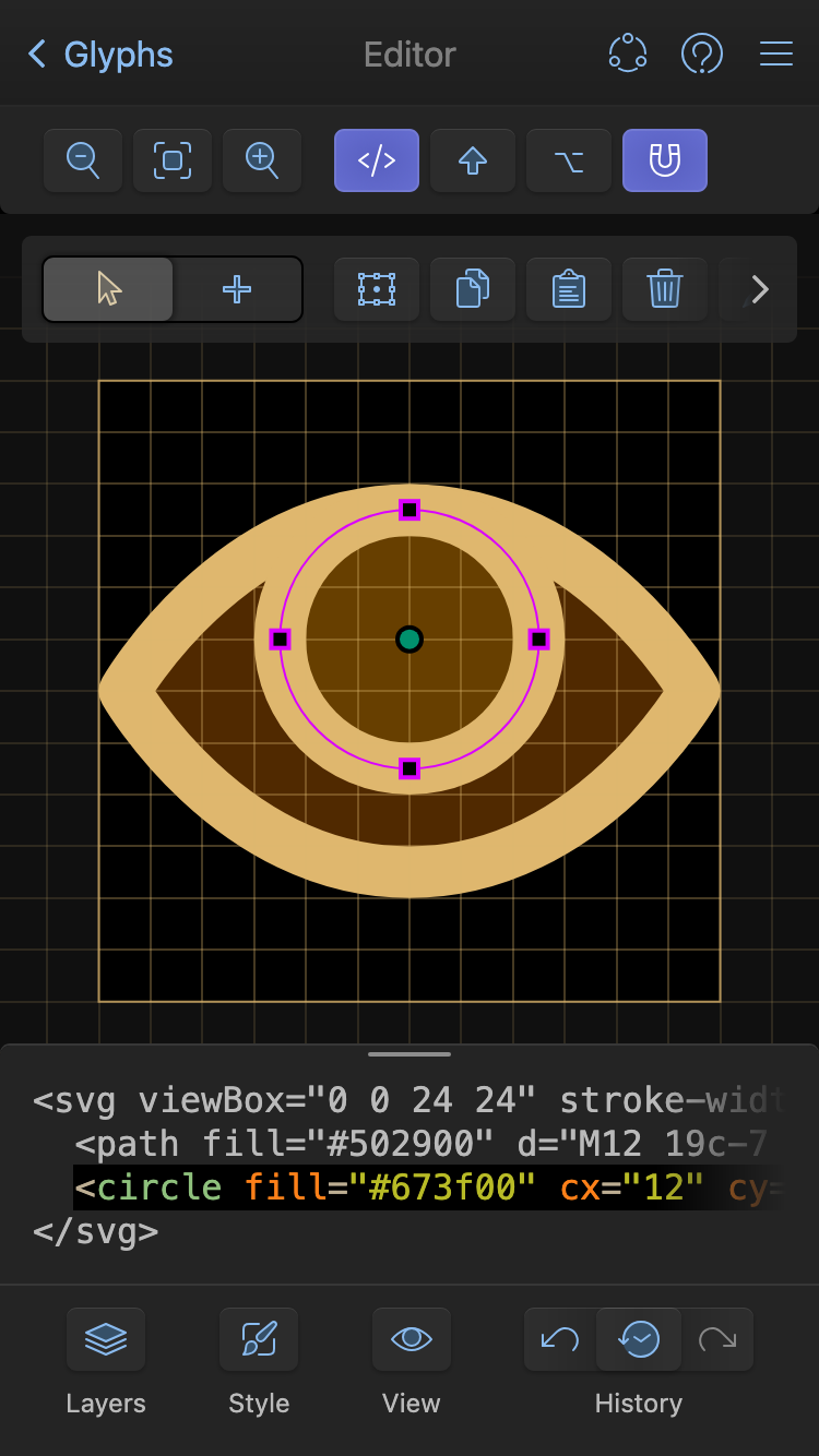 Mobile interface of IcoMoon's SVG editor