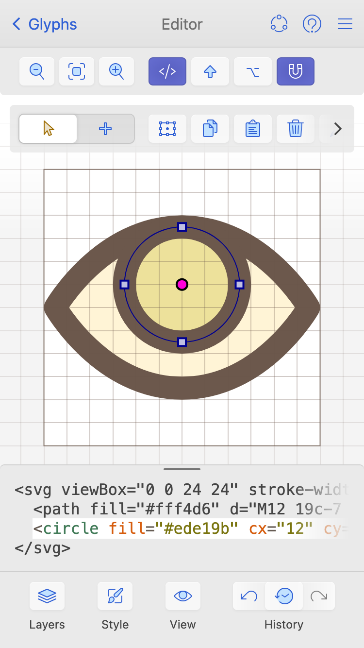 Mobile interface of IcoMoon's SVG editor