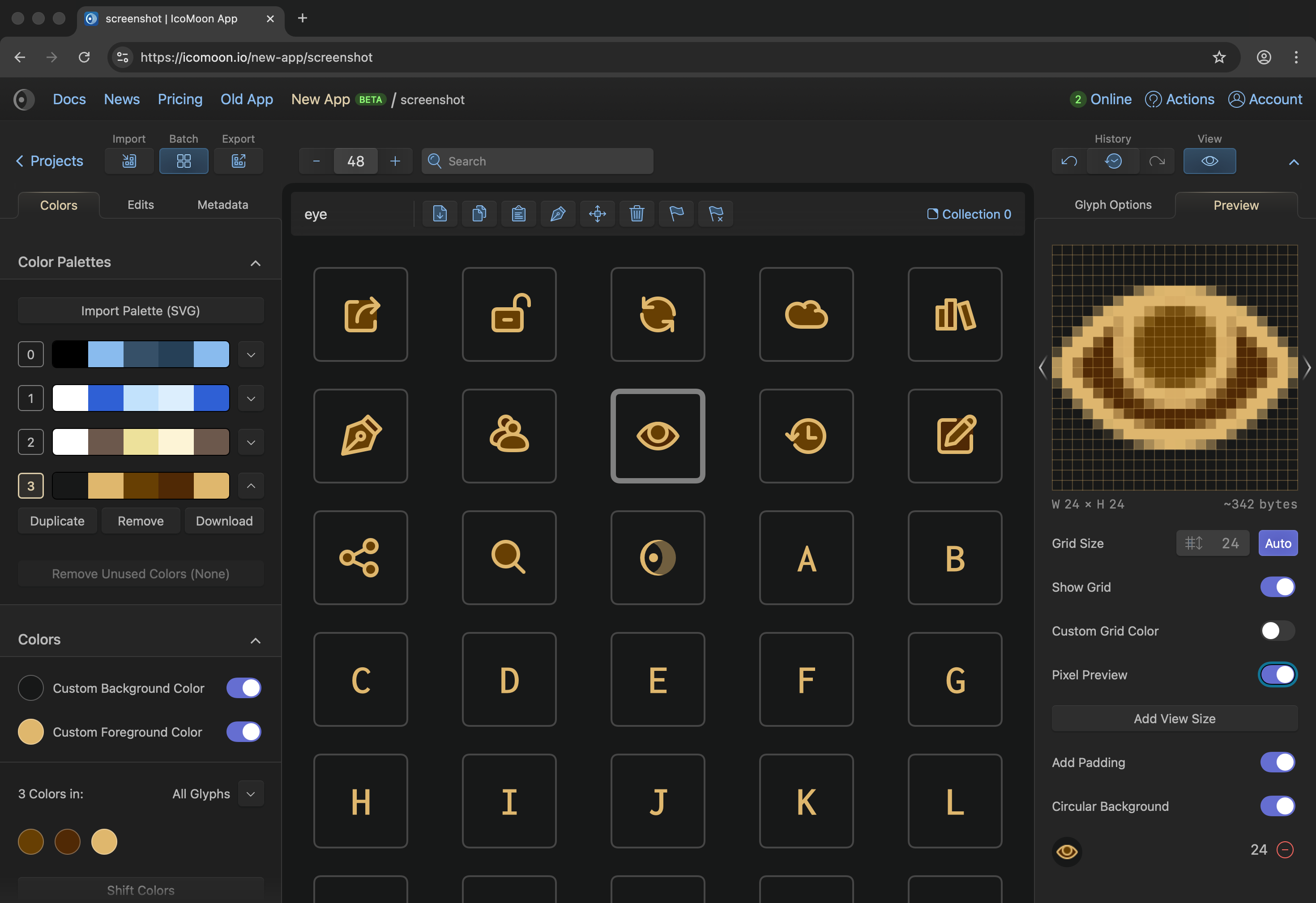 Mobile interface of IcoMoon's SVG editor