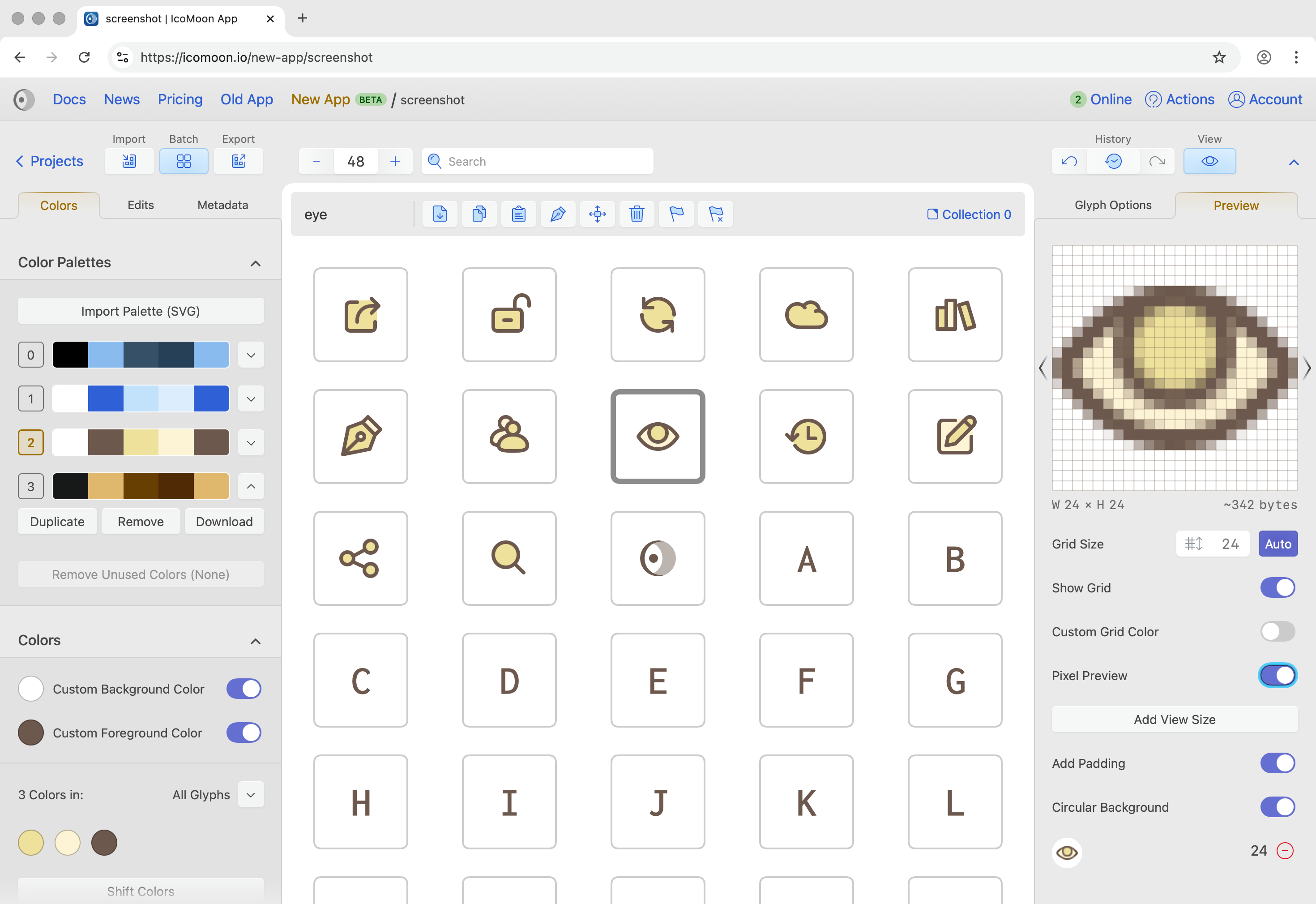 Mobile interface of IcoMoon's Glyphs Pane