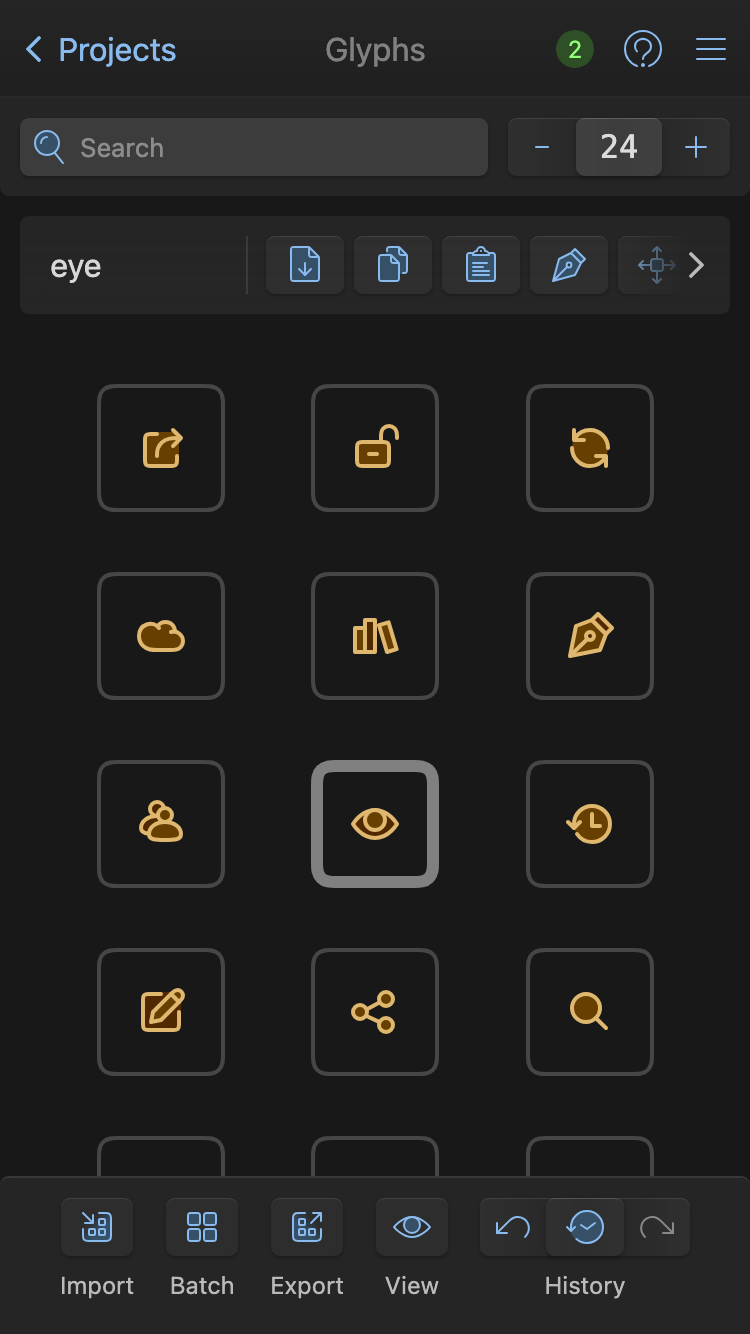 Mobile interface of IcoMoon's SVG editor
