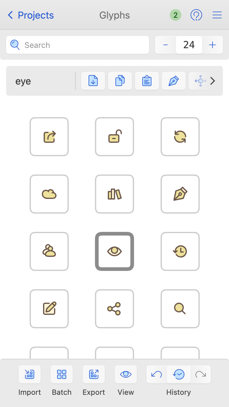 Mobile interface of IcoMoon's SVG editor