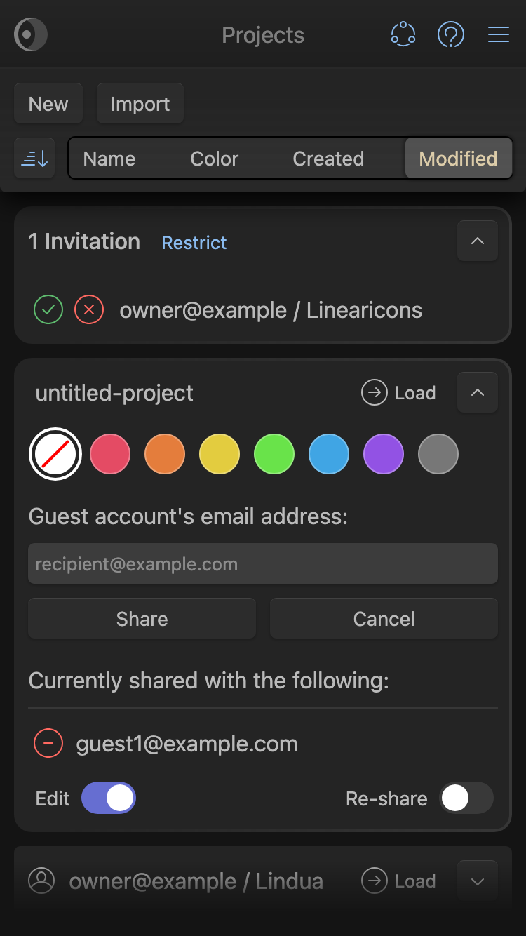 Mobile interface of IcoMoon's Projects pane