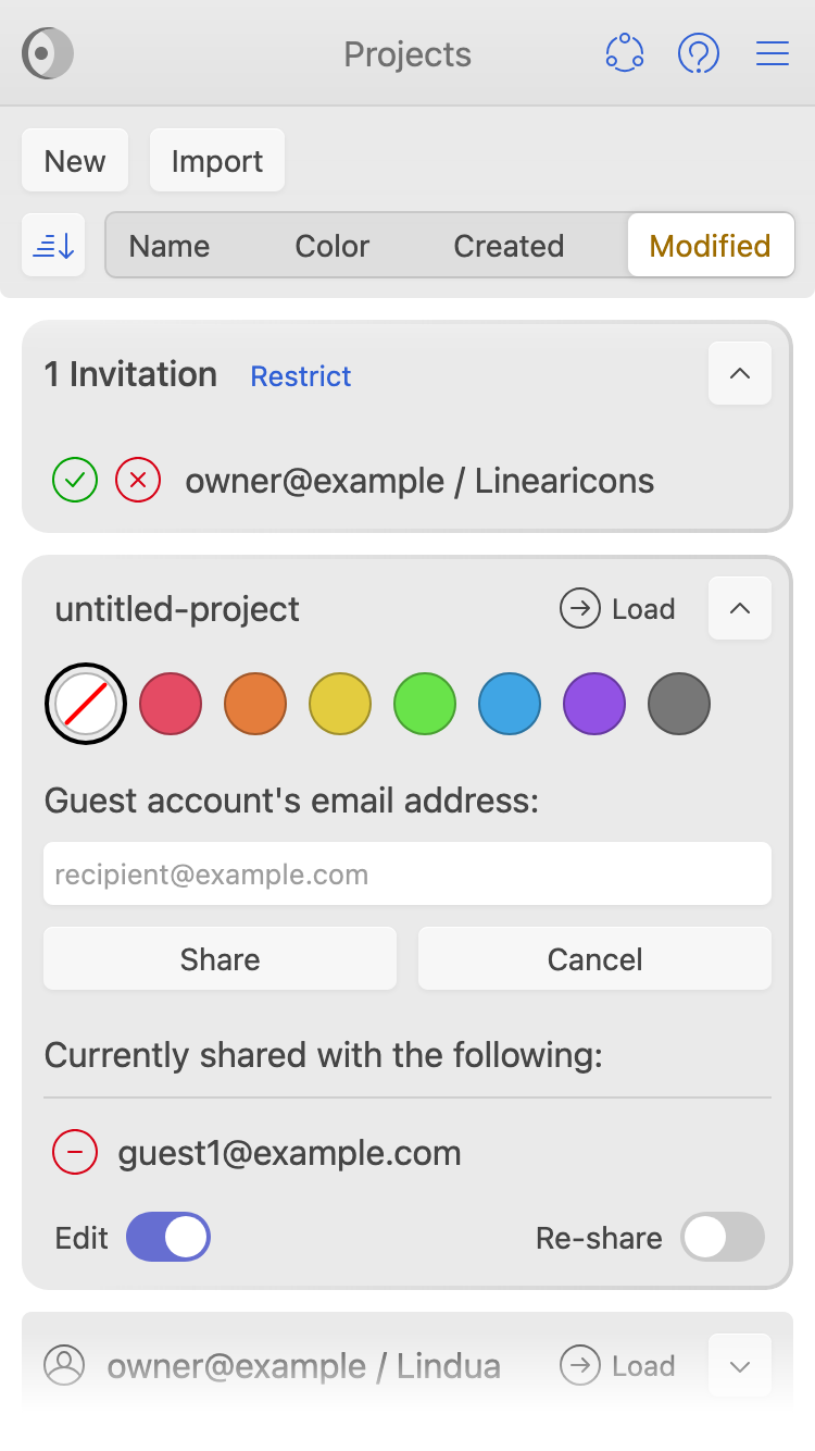 Mobile interface of IcoMoon's Projects pane