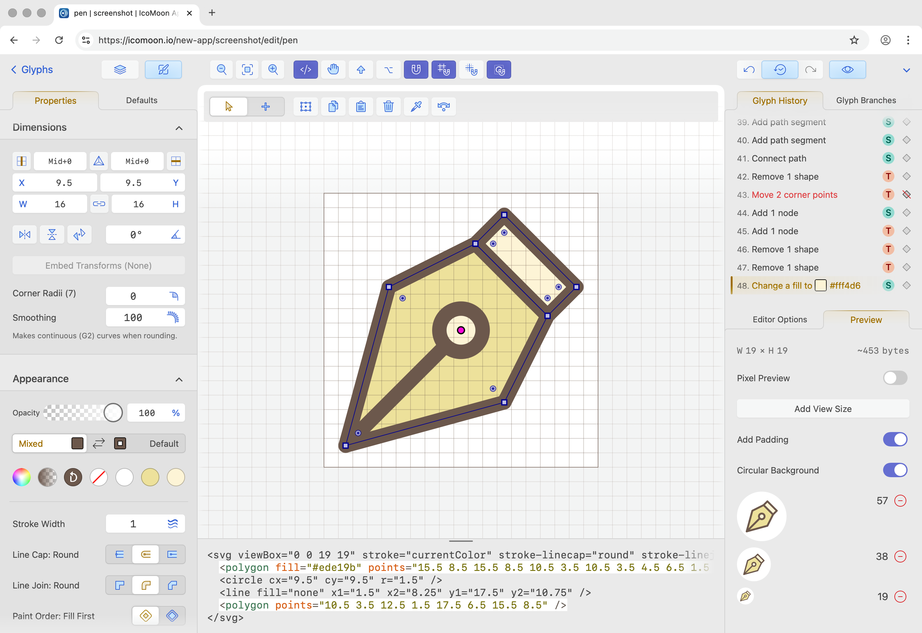 Interface of IcoMoon's SVG editor